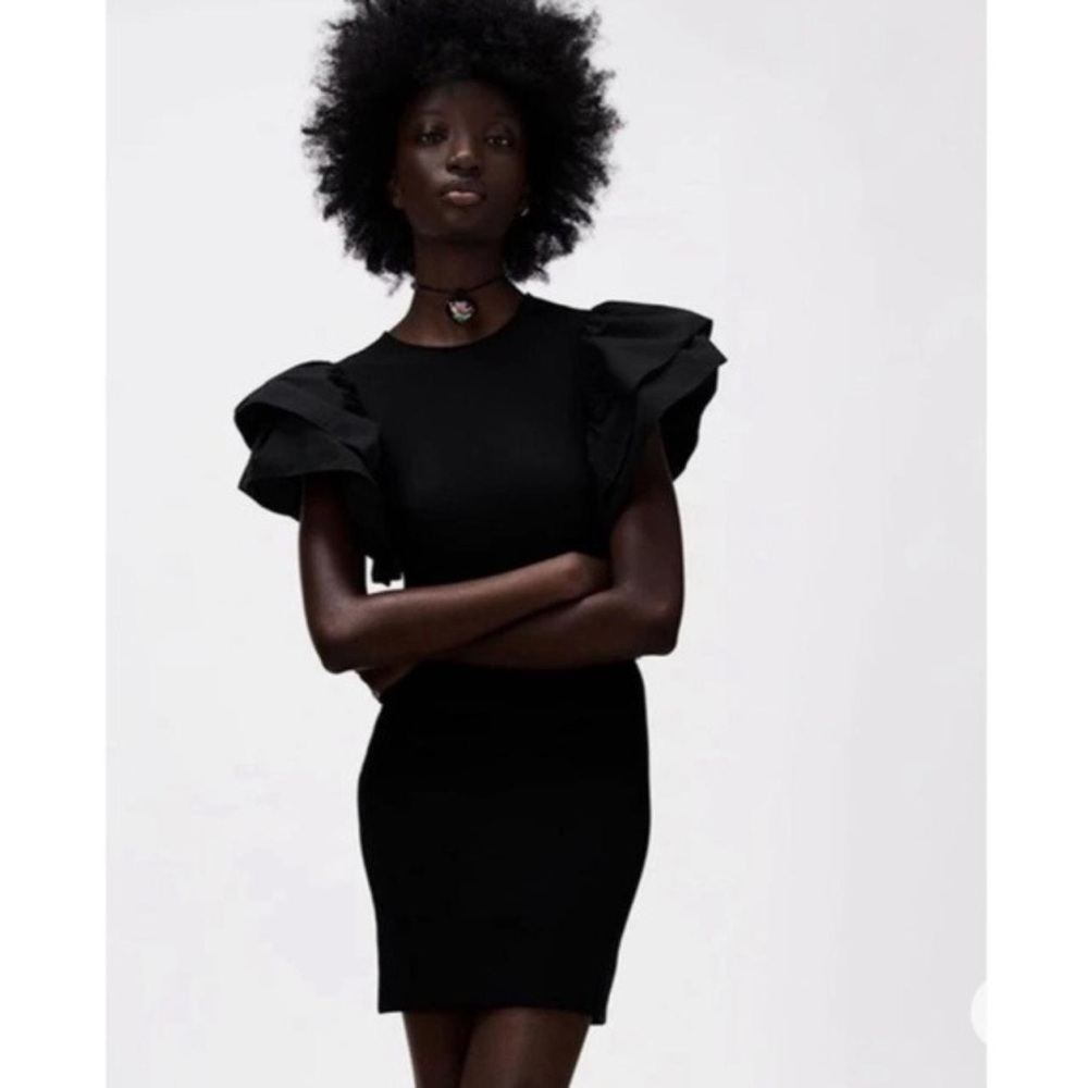 ZARA | Black Mini Dress with Ruffle Sleeves